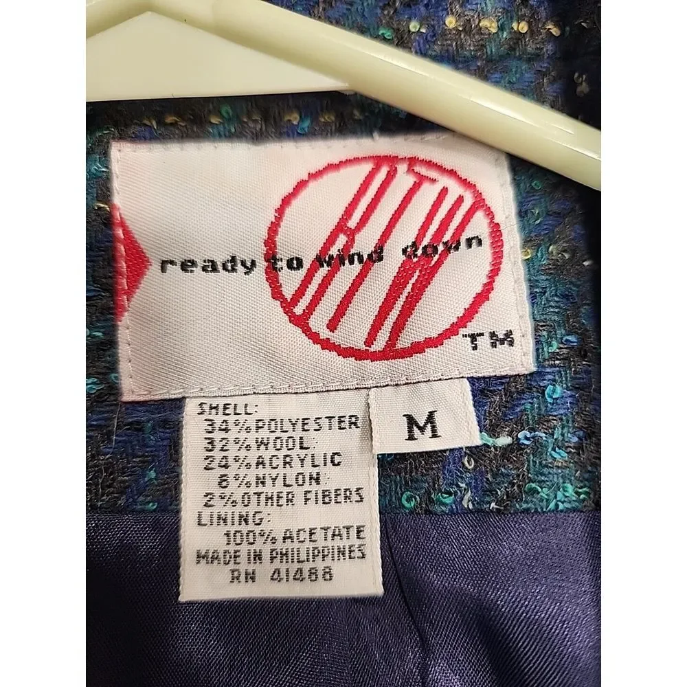 Vintage Ready To‎ Wear Womens M Plaid Navy Green Wool Tweed Blazer Academia